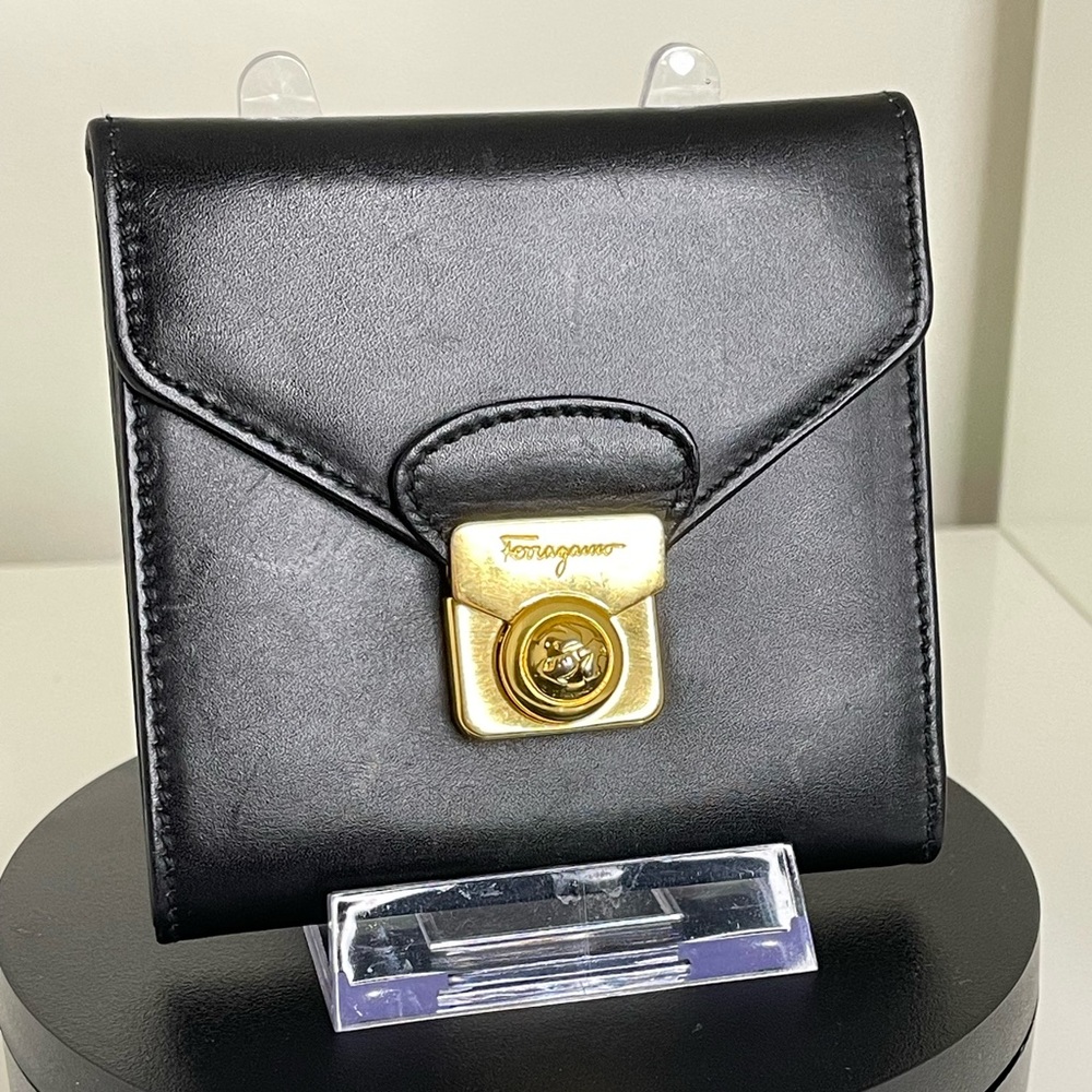 Salvatore Ferragamo Authentic Mini Trifold Wallet Leather Black Made in Italy